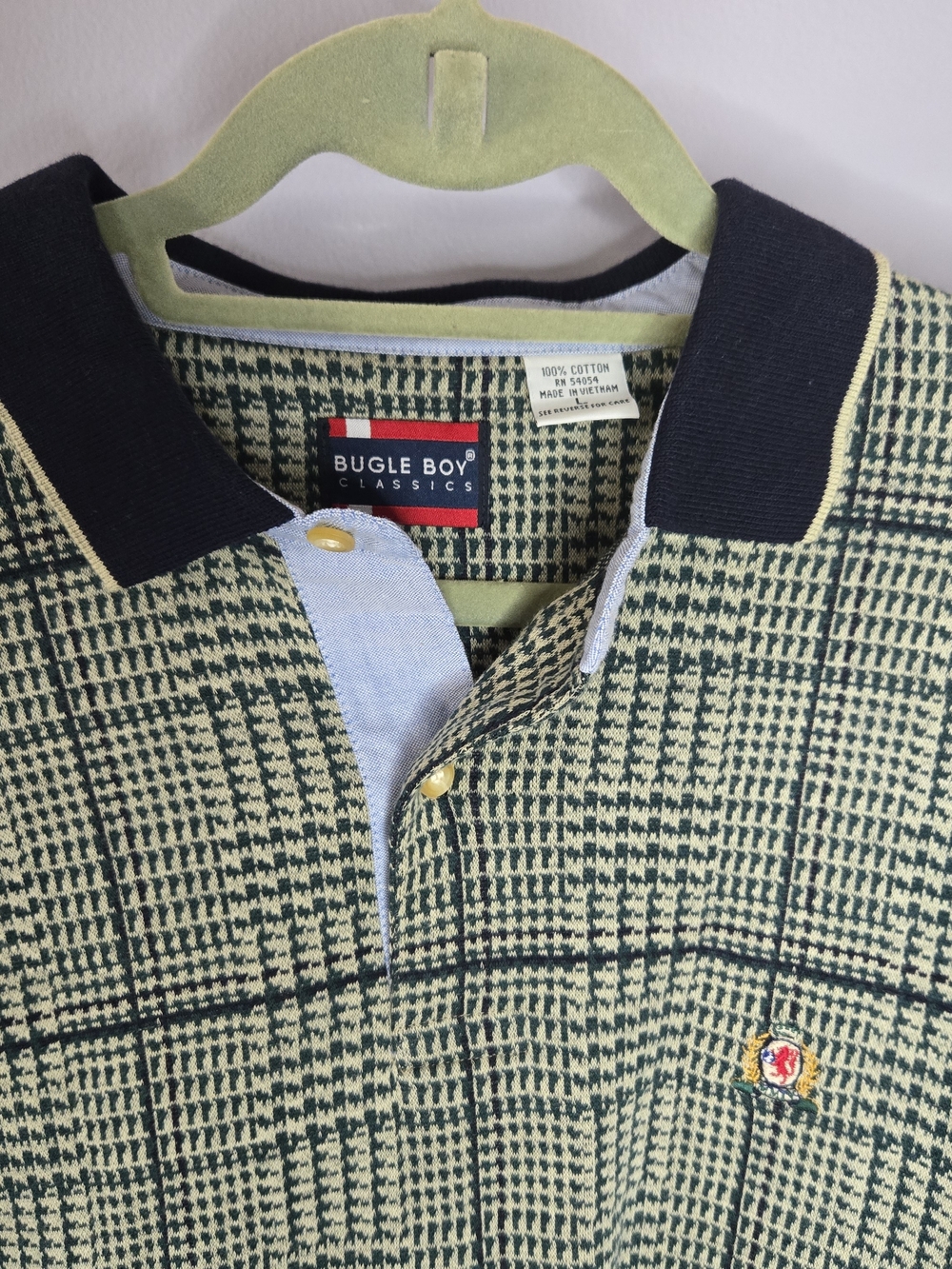 Vintage Bugle Boy Classics Long Sleeve Polo Cream Green Navy XL 100% Cotton - Picture 4 of 16